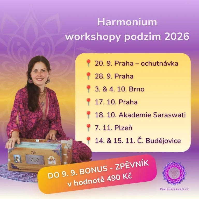 Workshopy hry na harmonium s Pavlou Saraswati - do 9. 9. zpěvník jako bonus | Praha | Brno | Plzeň | České Budějovice